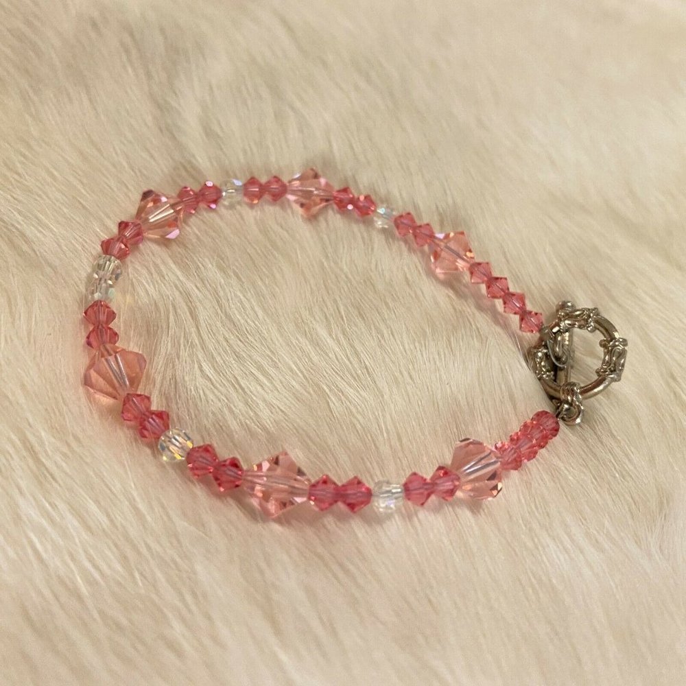 Fairy Pink Clear Glass Bead Bracelet Silver Tone Coquette Whimsy Boho 6646 - Picture 9 of 9